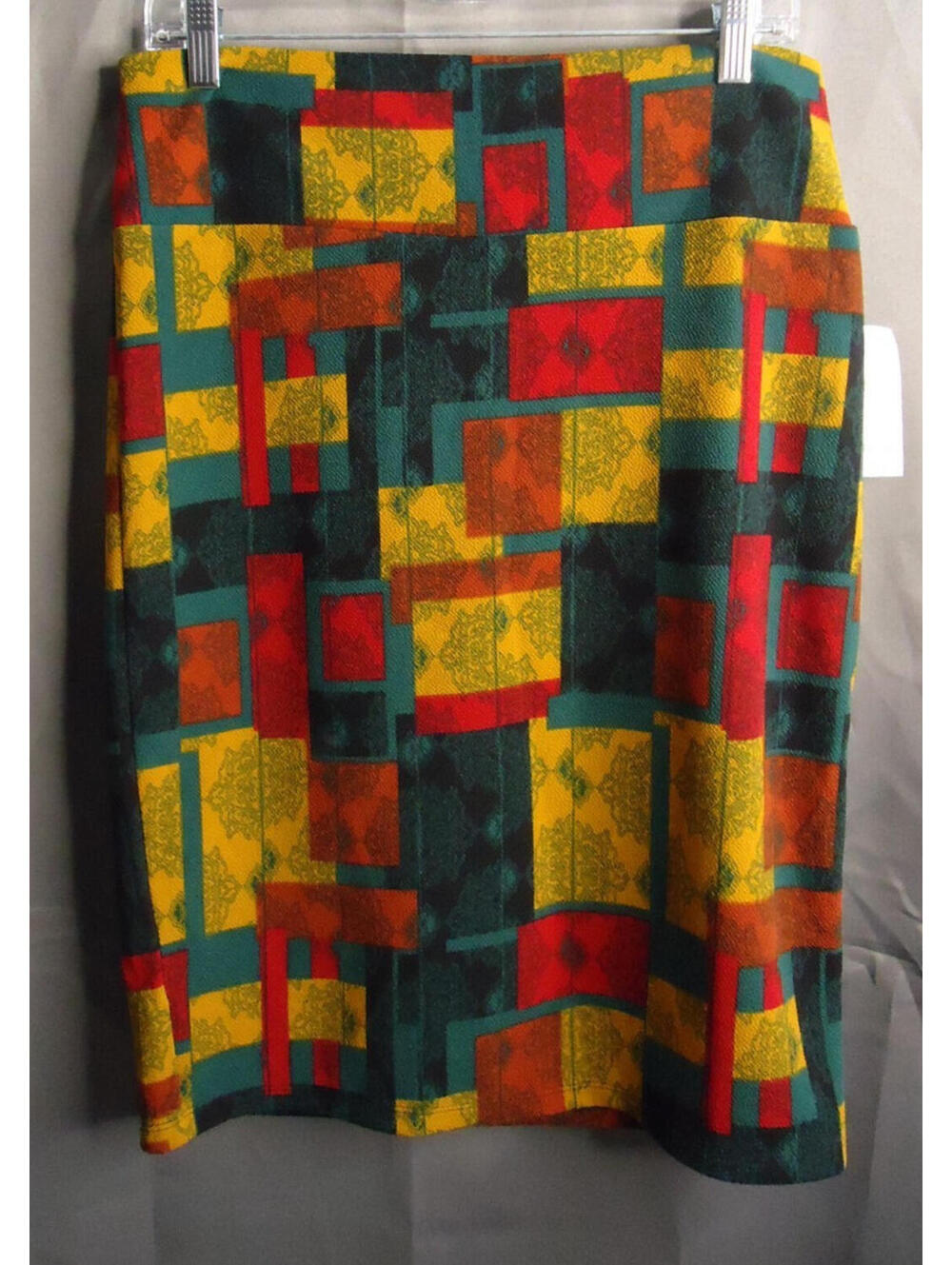 LulaRoe Cassie Stretch Pencil Skirt Multicolor Geometric Art To Wear Print Large